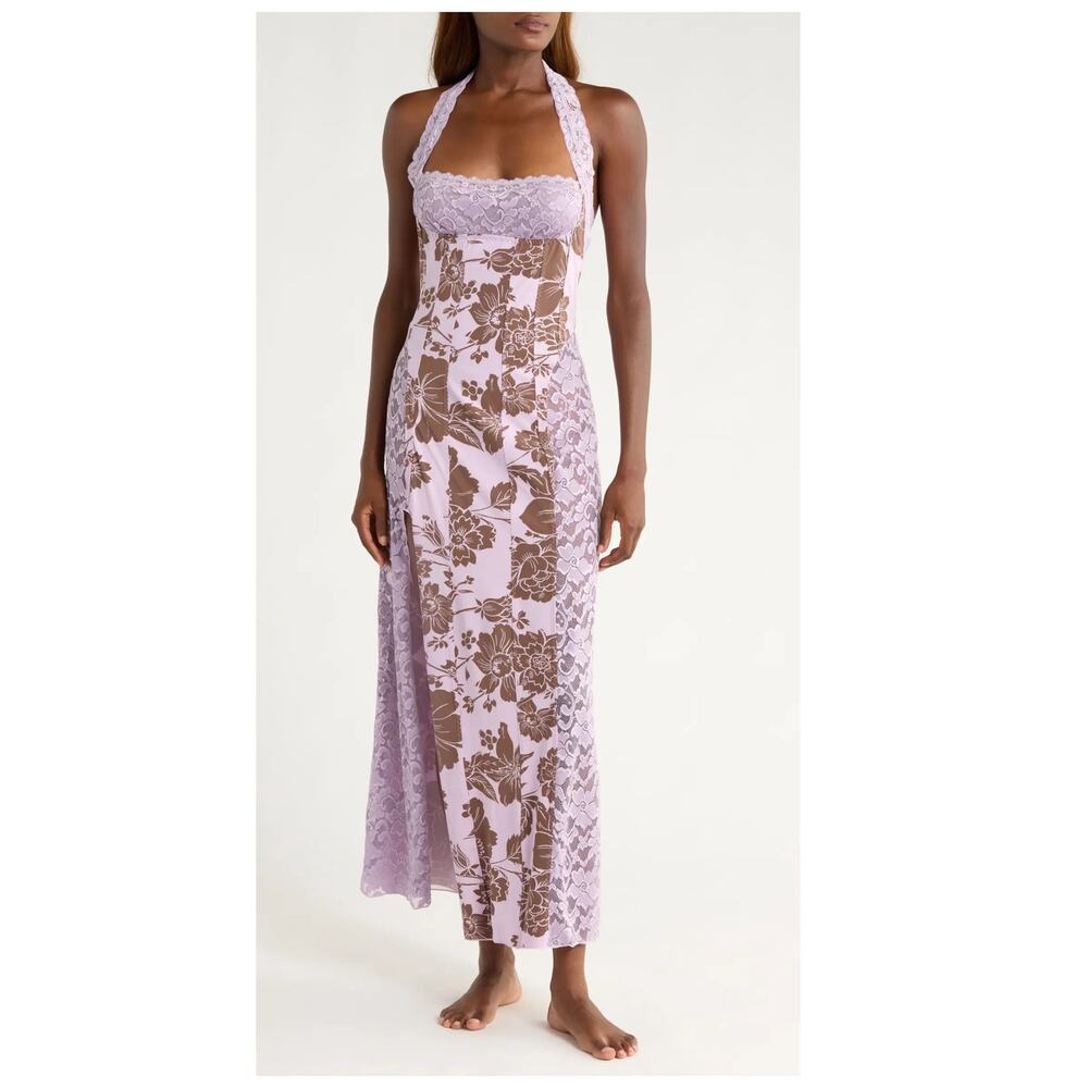 NEW Free People Love You Most Print Lace Halter Maxi Dress Size Large